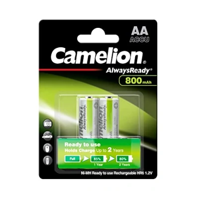 Bild av Camelion 17408206 Always Ready Ni MH batterier AA/HR6, 2 stycken, kapacitet 800 mAh, uppladdningsbar, kraftfulla engångsbatterier för elektroniska enheter optimal strömförsörjning