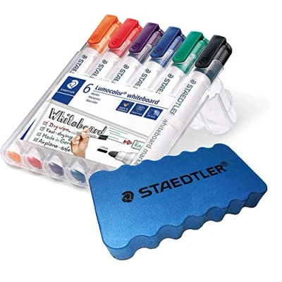 Bild av Staedtler Lumocolor 351 WP6 Whiteboard markör, rund spets ca. 2 mm linjebredd, set med 6 färger (1 fodral + whiteboardsvamp)