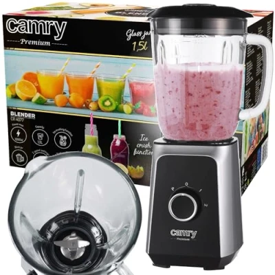Bild av CAMRY CR 4077 mixer med 1,5 l glasbehållare, Smoothie Maker, högpresterande mixer, malning, iskrossning, pulsfunktion, blad av rostfritt stål, 2 hastigheter, 1000 W, svart/silver