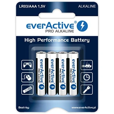 Bild av everActive AAA batterier 4 pack, Pro alkalisk, Micro LR03 R03 1,5 V, högsta prestanda, 10 års hållbarhet, stycken 1 blisterförpackning