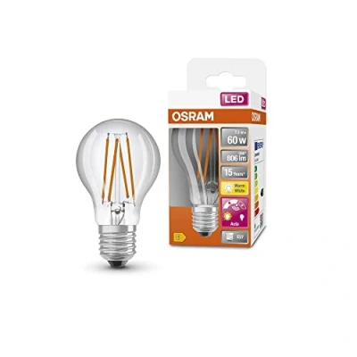 Bild av OSRAM Star+ LED lampa med dagsljussensor, E27 bas, Filamentoptik ,Varmt vitt (2700K), 806 Lumen, ersätter 60W belysningsmaterial icke dimbar, 4 Pack