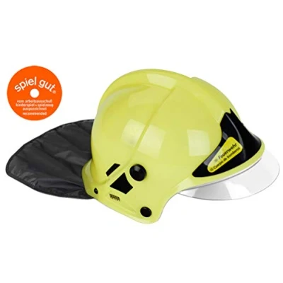 Bild av Theo Klein 8903 neonfärgad brandhjälm I Verklighetstrogen kopia av originalet MSA design Lyser mörkret Rörligt visir Anpassningsbar storlek Mått: 31 cm x 17,5 21