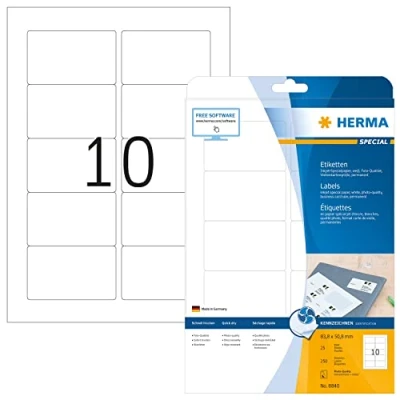 Bild av HERMA 8840 universella etiketter för bläckstråleskrivare A4 (83,8 x 50,8 mm, 25 ark, papper, matt) självhäftande, utskrivbara, permanenta adressetiketter, 250 klistermärken, vit