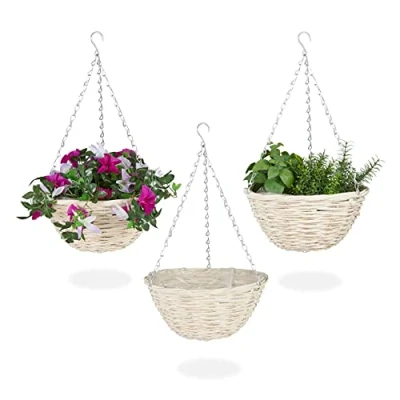 Bild av Relaxdays Blomampel, set om 3, Willow korg, handgjord, folie, järnkedja, hängande kruka H x D: 12 25 cm, natur