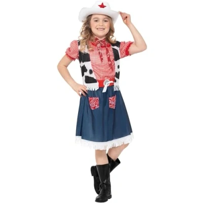 Bild av Smiffys barn cowgirl favoritkostym, klänning, väst, halsduk, bälte och hatt, storlek: M, 36328, blå