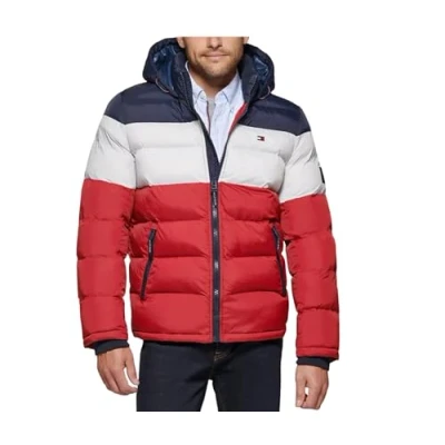 Bild av Hooded Puffer Jacket herr Down Alternative Outerwear Coat Jacket, Midnatt/vit/rÃd, XL