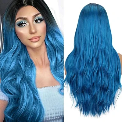 Bild av Colorful panda ombre blå långa vågiga peruker för kvinnor mitt avskiljande lockigt naturligt hår peruk värmebeständig fibersyntetisk håre rsättning cosplay Halloween fest daglig 26 tum