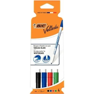Bild av BIC Velleda 1721 Whiteboardmarkörer blandade färger, paket med 4, pennor för skola eller kontor