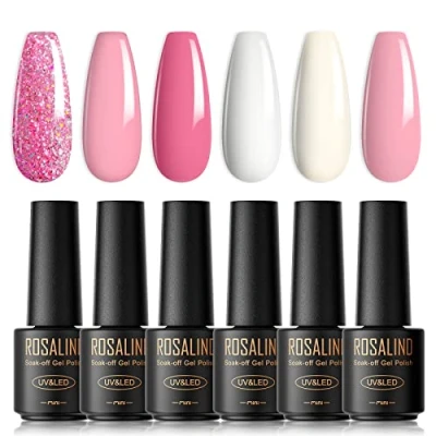 Bild av ROSALIND UV nagellack pastell, 6 färger mini gel nagellackset vit rosa ljusrosa glitter shellac blöt av UV/LED nagelpolish fransk manikyr för kvinnor mamma presentset gör det själv hemma