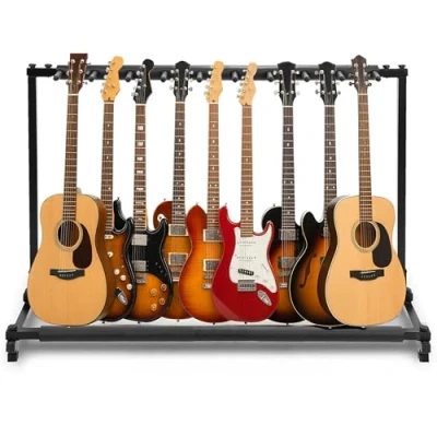 Bild av Pyle gitarrstativ 9 utrymme hopfällbart gitarrstativ, bärbar gitarrhållare, hopfällbar instrument golvgitarrhållare, för akustisk, elektrisk, basgitarr