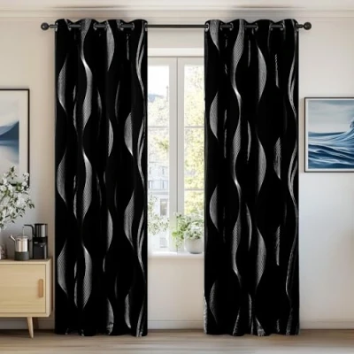 Bild av Deconovo Termisk gardin med öljetter, ogenomskinlig mörkläggningsgardin, gardiner silverkurva, 240x140 cm (höjd x bredd), svart, uppsättning om 2