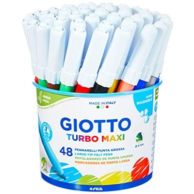 Bild av GIOTTO Turbo Maxi supertvättbara fiberpennor, 48 pennor, stor spets 5 mm, blandade färger, perfekt för barn, fester och skolor