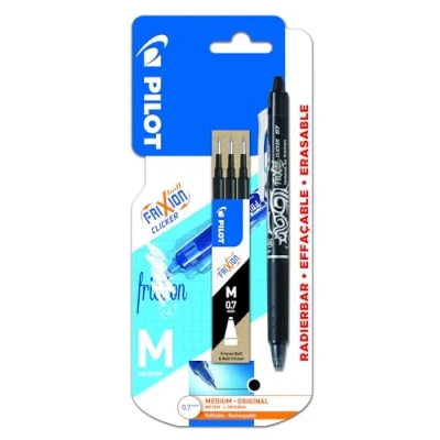 Bild av Pilot Frixion Clicker raderbar infällbar rollerball 0,7 mm spetspenna med tre påfyllningar svart, enkel penna
