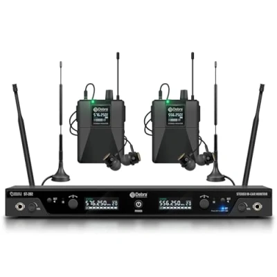 Bild av Debra ST 202 UHF trådlöst in ear monitorsystem med hörlurar, 197Ft, professionellt IEM stereolystem sändare och bältespaket för studio, evenemang, bandprover (dubbla kanaler, 2 kroppspack)
