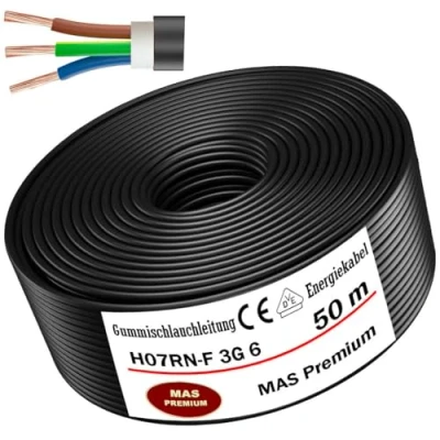Bild av MAS Premium 5100 m gummislangkabel, strömkabel, byggarbetsplatskabel, H07RN F 3G 1, 1,5, 2,5, 4, 6, 10 eller 3x 1,5 flexibel kabel för tung utrustning (H07RN 3G6 mm², 50 m)