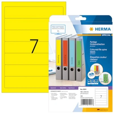 Bild av HERMA 5091 mappetiketter A4 kort/smal (192 x 38 mm, 20 ark, papper, matt) självhäftande, utskrivbara, permanenta mappa ryggetiketter, 140 filetiketter, gul