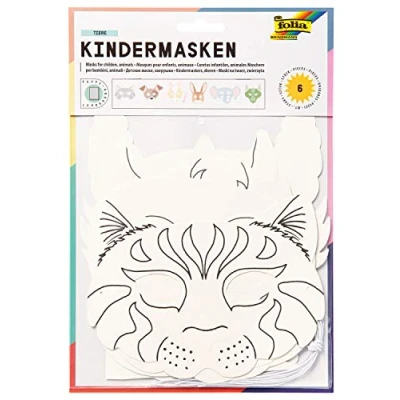 Bild av folia 23209 Barnmasker djur av kartong, motiv sorterade, 6 stycken, vita, att måla och designa själv, för barn, pojkar flickor, perfekt barnfödelsedagar fester