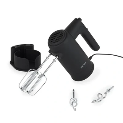 Bild av Petra PT5613BMBLKVDE handmixer elektrisk whisk äggbeater, köksblandare för knådning och beating, whisks dubbelkrokar ingår, 5 växlad lagringsbas, bakkakor bröd, 300 W, svart