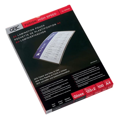 Bild av GBC HighSpeed lamineringsfolier A4 125 mic, för upp till 30% snabbare laminering, robusta lamineringsväskor i 100 pack, glänsande, transparent, 3747348