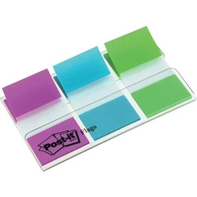 Bild av Post it indexflaggor, medium, blandade färger, 3 dispensrar 25,4 mm x 43,2 mm, 60 flaggor, grön, blå, violett för att markera, markera eller färgkod Viktig information