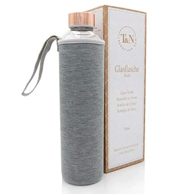 Bild av T&amp;N glasflaska 750 ml drickflaska glas med neoprenfodral vattenflaska läckagesäker av tjockt borosilikatglas, 100% BPA fri smal design