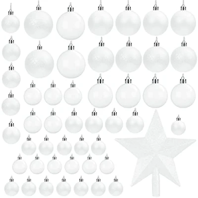 Bild av Belle Vous 50 pack julgranskulor, blandade storlekar, glittrande vita julgranskulor med julgransstjärna, hängande ornament för juldekorationer och högtidsfester, inomhus utomhusdekorationer