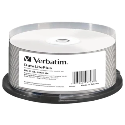 Bild av Verbatim BD R Blu ray ämnen 25 GB, skiva med 6x skrivhastighet, pack spindel, termiskt tryckbara, skivor för video och ljudfiler
