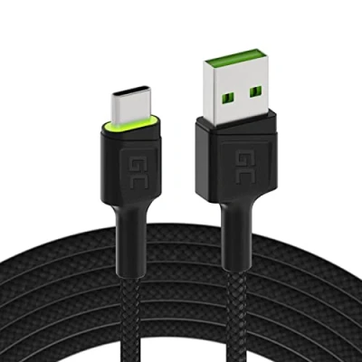 Bild av Green Cell GC Ray LED 2 m USB C kabel typ nylonsladd för Samsung Galaxy S21 S20 Ultra S10 S9 S8+ Note 20 10 9 8 A80 A71 A70 A50 A42 A41 A31 Huawei P40 P30 P20 P10 P9 Lite Svart, 200 cm
