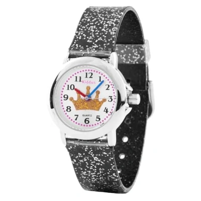 Bild av Kiddus Klocka Flicka med Glitter. Analog övningar för att lära sig klockan. Barnklocka, lätt läsa. Armbandsklocka från 4 år. Guldkrona, svart armband.