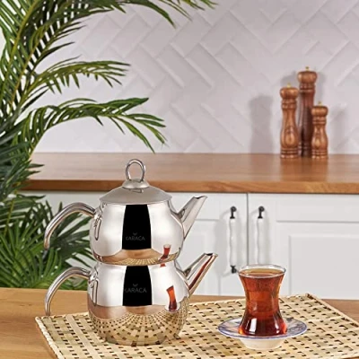 Bild av Karaca Adelya Mini tekanna set metall 0,65 L + lock drickare 1,1 turkisk tebryggare rostfritt stål induktion diskmaskin säker caydanlik