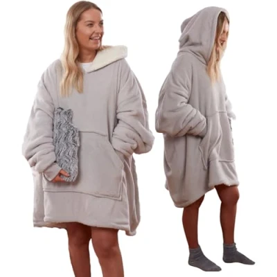 Bild av Sienna huvtröja filt ultramjuk sherpa fleece varm mysig bekväm överdimensionerad bärbar överkast för kvinnor flickor vuxna män pojkar barn stor ficka silvergrå, en storlek passar