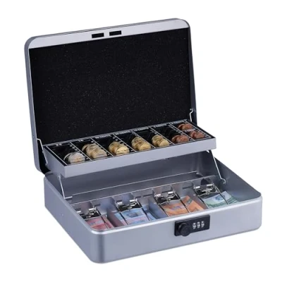 Bild av Relaxdays Kassakassett, 3 siffrig nummerkombination, myntinsats, pengabox järn, H x B D: 8,5 30,5 25 cm, silver