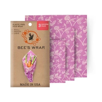 Bild av Bee&#039;s Wrap set med 3 förpackningar i olika storlekar, klövertryck, bivax, violett, 33,02 x 35,56 0,3 cm