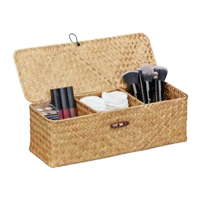 Bild av Relaxdays Förvaringslåda med lock, sjögräskorg 3 fack, badrumsförvaring, HBT 11 x 33 12,5 cm, låda, natur