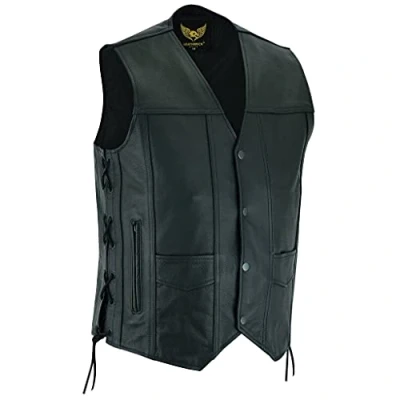 Bild av Leatherick Top Grain kohud äkta läderväst herr svart klassisk väst med skosnören på sidan och dolda bärkassar, svart, 5XL