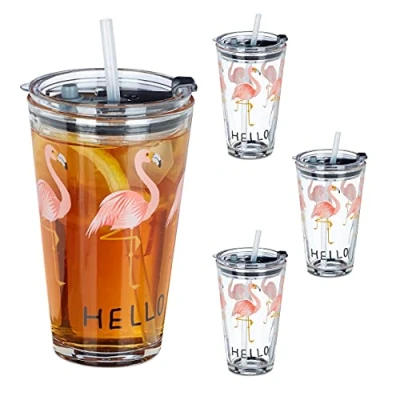 Bild av Relaxdays Glasmugg med lock och sugrör, uppsättning om 4 flamingo glas, 450 ml, diskmaskinssäker, dricksglas, transparent