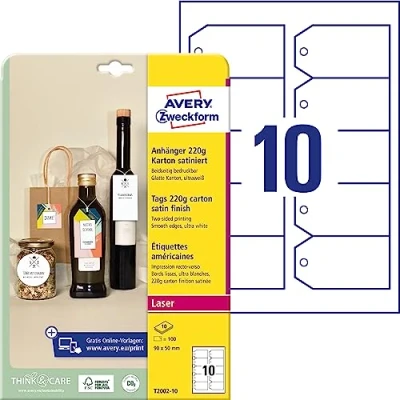 Bild av AVERY Zweckform T2002 10 stabila hängen 100 stycken inkl. snören (90 x 50 mm till A4, produkthängen med tryck på båda sidor, extra släta kanter, presentetiketter, prislappar) kartong 220 g, vit