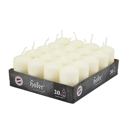 Bild av Hofer Elfenben pelarljus set med 20 oparfymerade små ljus i bulk 4 x 7 cm 11 timmar långa brinnande dekorativa droppfritt vax rökfri veke RAL kvalitet tillverkad Österrike