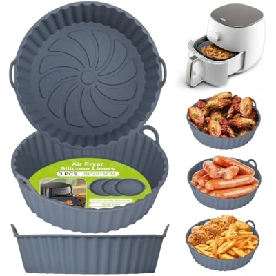 Bild av Alyvisun Silikonform för Luftfritös, 3 Stycken Silikongrytor Airfryer Återanvändbara Silikonfoder Luftfritöskorg Rund Silikonbakform Air Fryer, Mikrovågsugn och Ugn (Grå)