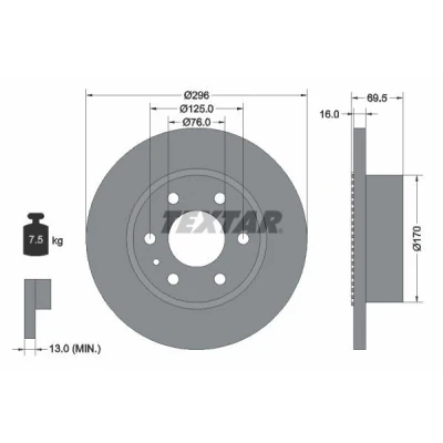 Bild av TEXTAR 93177500 Disque de frein 296 16 06/07 125 plein avec bague ABS, sans boulon fix roue, moyeu roue IVECO: DAILY 4 Kasten/Kombi