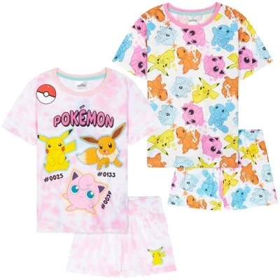Bild av Get Trend pyjamas för flickor 2 pack kortärmad pyjamasset barn tonåringar loungeuppsättningar nattkläder mjuka bekväma presenter till flickor, Multi Pokemon, 7 8 Years