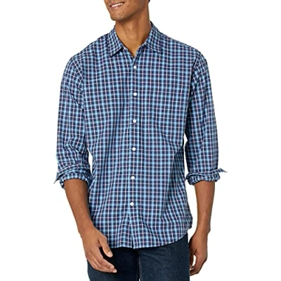 Bild av Amazon Essentials Men&#039;s Långärmad ledig poplinskjorta med normal passform, Blå Rutig, S