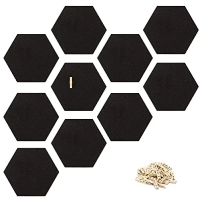 Bild av Navaris Hexagon korkbrädsplattor set med 10 100 % kork anslagstavlor paket tryckstift klämmor i trä 15 x 17,7 cm svart