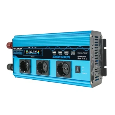 Bild av Yinleader Växelriktare 3 000 W/6 W, spänningsomvandlare, ren sinus, 12 V, 230 med europeiska uttag och 4 USB portar, LCD spänningsdisplay