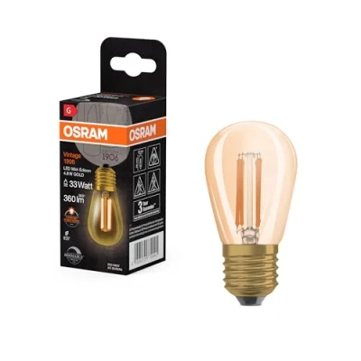 Bild av OSRAM Vintage 1906 guldtonad LED lampa, 4,8W, 360lm, mini Edison form med 45 mm diameter &amp; E27 bas, varmvitt ljus, rak glödtråd, dimbar, livslängd på upp till 15 000 timmar