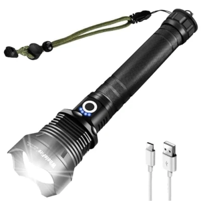 Bild av LED Ficklampa Extra Ljus 100000 Lumen Zoombar med 18650 Batteri, USB Uppladdningsbar Hög Ljusstyrka XHP70 Ficklampor, IPX65 Vattentät 3 Lägen för Camping, Vandring, Nödfall