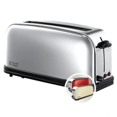 Bild av Russell Hobbs brödrost, långt fack för 2 skivor, extra brett fack, uppvärmningsgaller, justerbar rostningsgrad, upptiningsfunktion, 1000W, rostfritt stål, Victory 23510 56