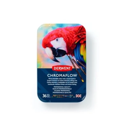 Bild av Derwent Chromaflow Färgpennor i Metallask, Set med 36 Pennnor,Rund 3,5mm Bred Färgkärna, Tåligt Stift Av Hög Kvalitet, Lätta Att Blanda, Professionell Perfekt För Teckningar,2306012, svart