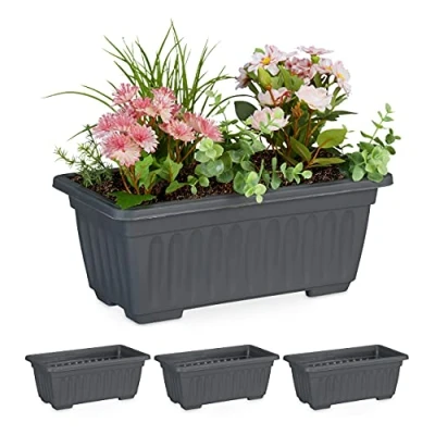 Bild av Relaxdays Blomlåda set om 4, inomhus och utomhus, fyrkantig blomkruka, H x B D: 14 34 18,5 cm, plast, antracit