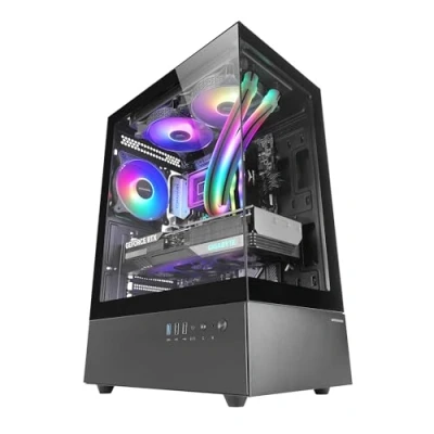 Bild av MARS GAMING MC XO, Gamingchassi ATX, Dubbelt Ramlöst Härdat Glas vid 90, 12cm FRGB Fläkt, SIDECOOL Kylsystem, Mid Tower PC med Dubbelkammardesign, Stor Intern Kapacitet, Svart